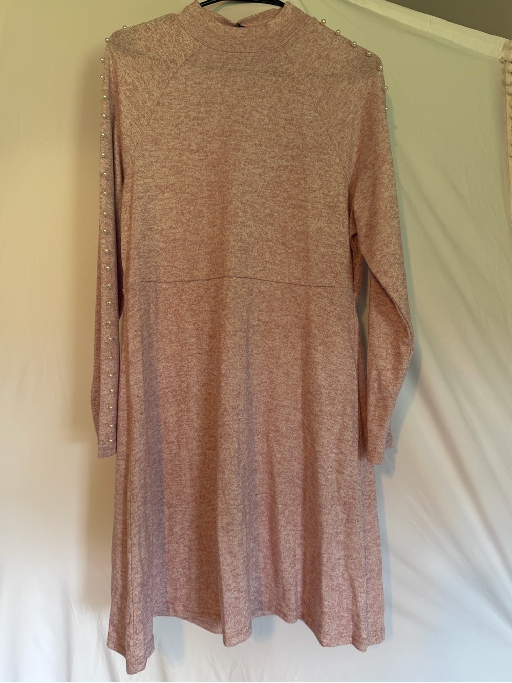 Mock Neck Long Sleeve Pink Pearl-Trim Knit Dress